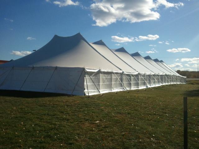 A white pole tent in a field on a sunny day.