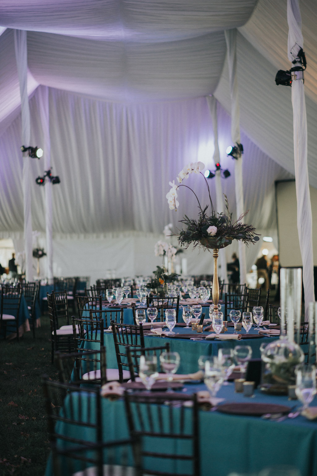 Tables with turquoise tablecloths, under a pole tent with ceiling drapes for a picnic in the park event in Madison, WI.