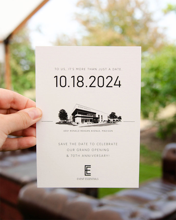 Save the date invitation for Event Essentials' new building grand opening on October 18th.