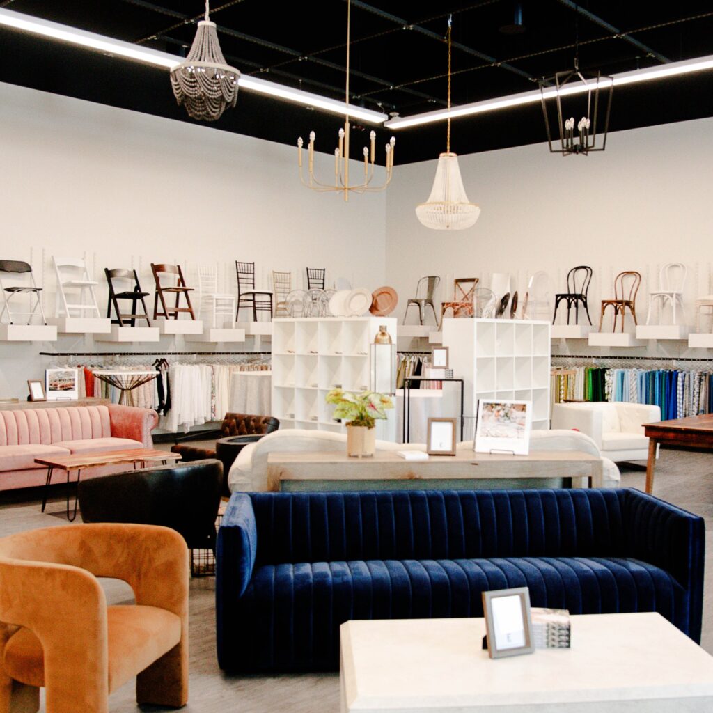 A selection of furniture in the Event Essentials library including couches, chairs, linens and shelves.